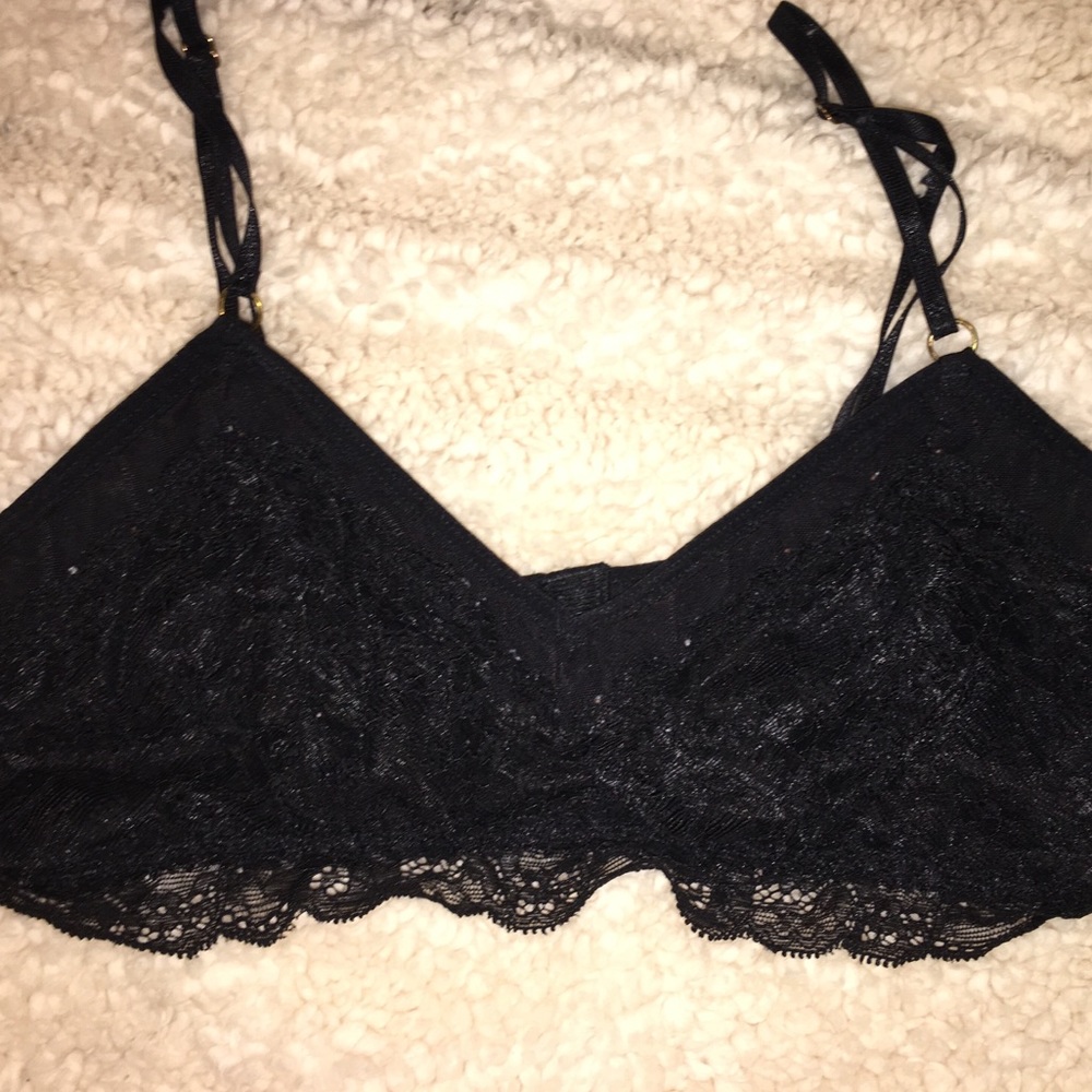 Out from under strappy black lace bralette